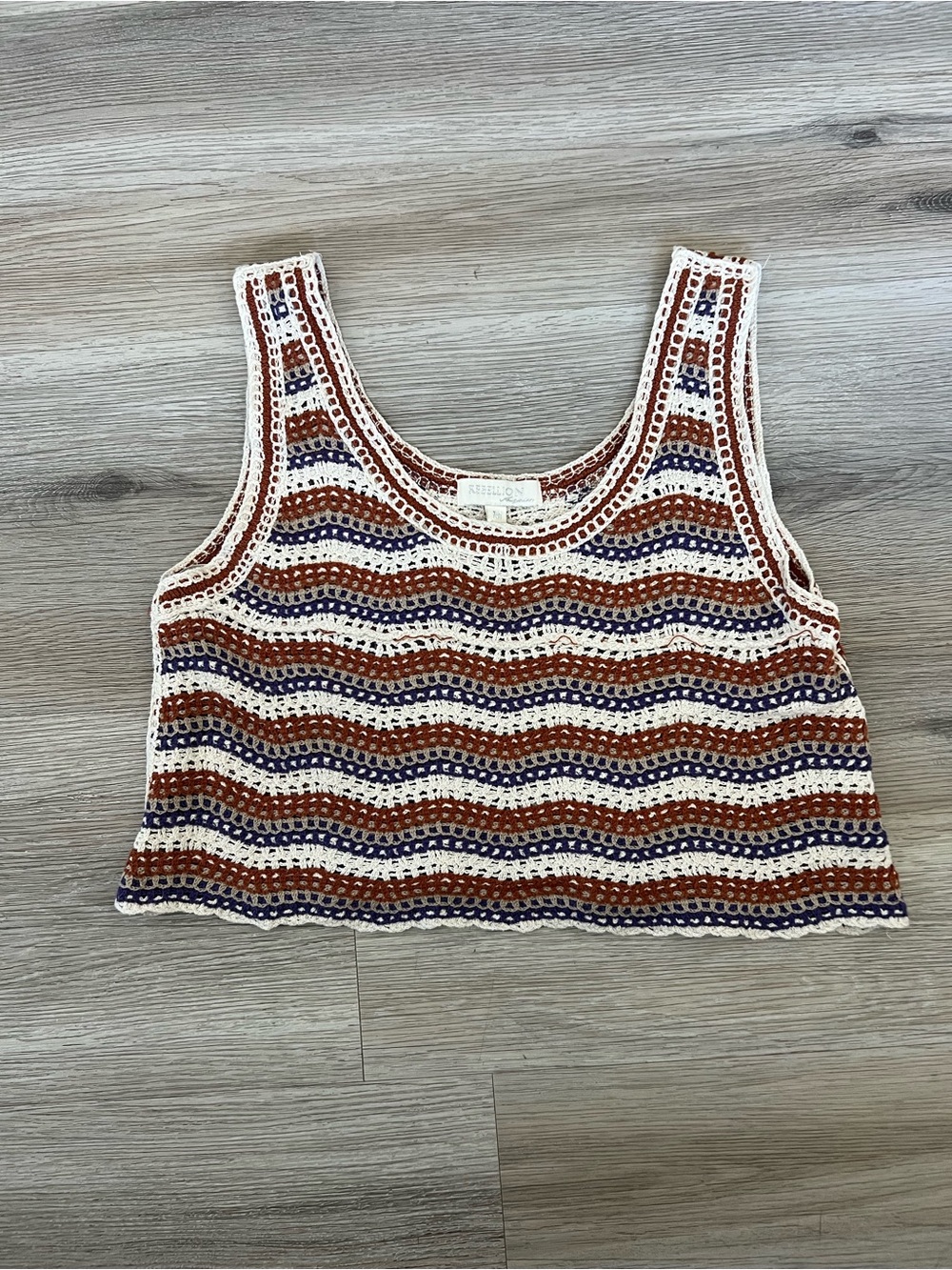 Rebellion Crochet Wave Tank Top in Cream, Rust & Navy